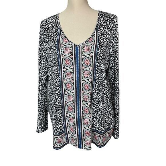 J Jill Women boho top Black Floral Medium V Neck long sleeve - Picture 1 of 9